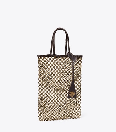 Tory Burch diseñador bolsos tote Bolso de mano pequeño de malla con cadena tejido a mano en Dark Brown / GOLD ángulo