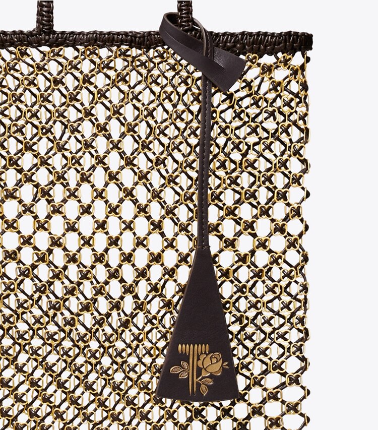 Tory Burch diseñador bolsos tote Bolso de mano pequeño de malla con cadena tejido a mano en Dark Brown / GOLD detalle