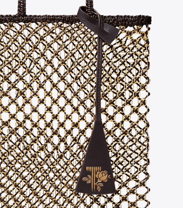 Tory Burch diseñador bolsos tote Bolso de mano pequeño de malla con cadena tejido a mano en Dark Brown / GOLD detalle