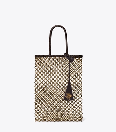 Tory Burch diseñador bolsos tote Bolso de mano pequeño de malla con cadena tejido a mano en Dark Brown / GOLD frente