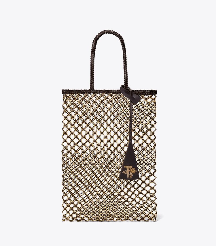 Tory Burch diseñador bolsos tote Bolso de mano pequeño de malla con cadena tejido a mano en Dark Brown / GOLD frente