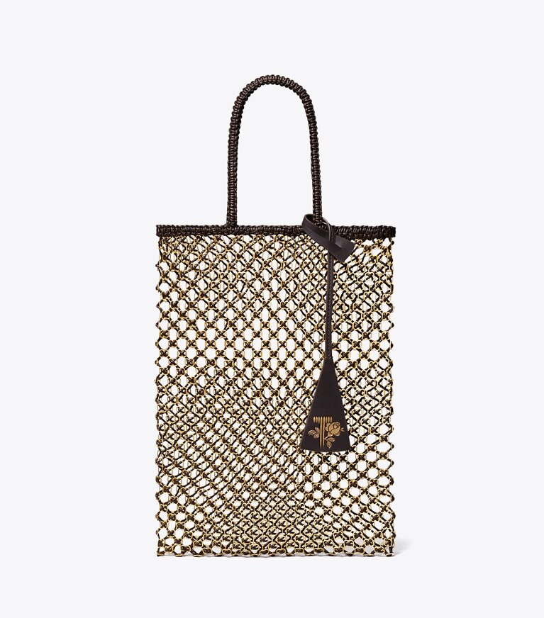 Tory Burch diseñador bolsos tote Bolso de mano pequeño de malla con cadena tejido a mano en Dark Brown / GOLD frente