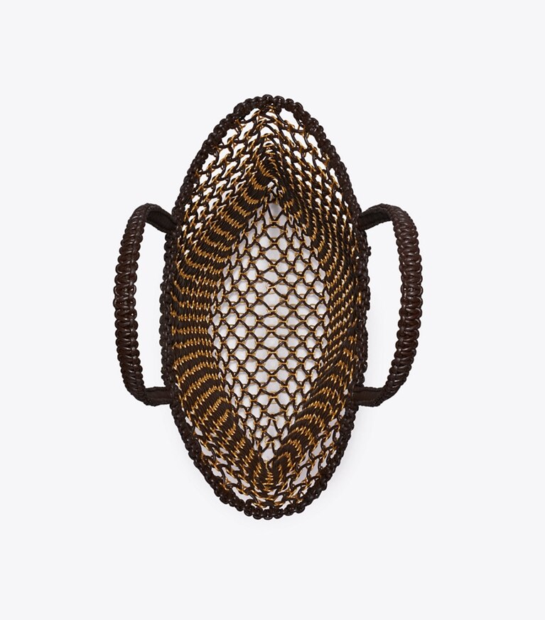 Tory Burch diseñador bolsos tote Bolso de mano pequeño de malla con cadena tejido a mano en Dark Brown / GOLD vista superior