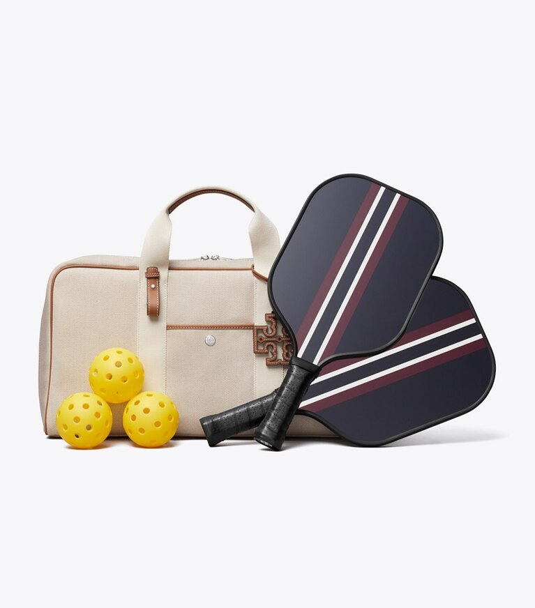 Tory Burch diseñador bolsos tote Bolso de mano Pickleball de lona en dos tonos en Natural / Brown detalle