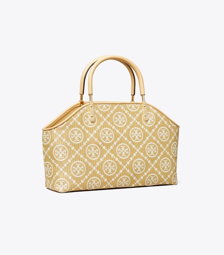 Tory Burch diseñador bolsos tote Bolso de mano tipo cesta pequeño de rafia con monograma en T en Natural ángulo