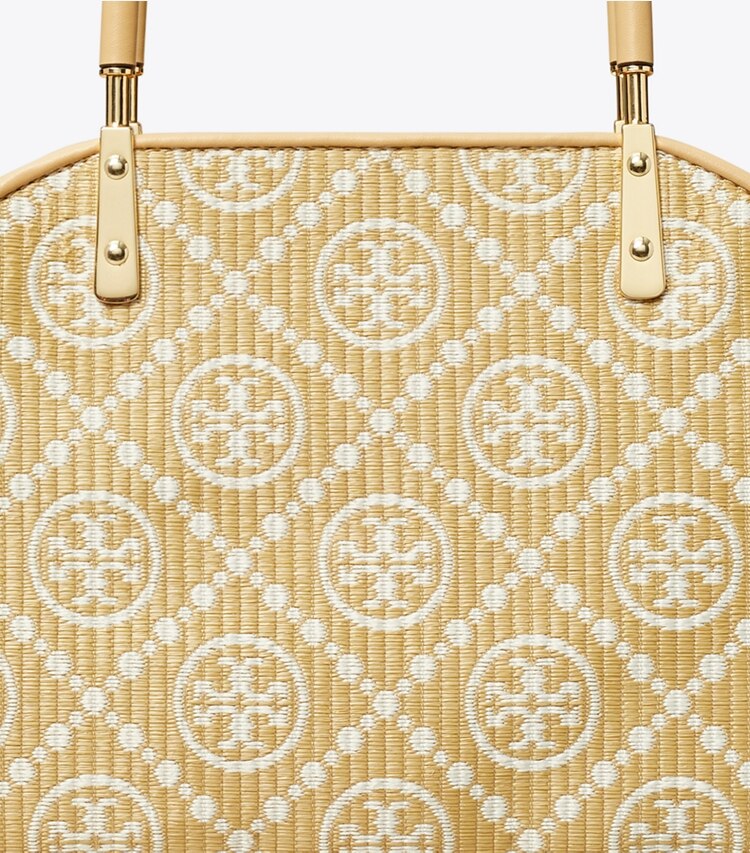 Tory Burch diseñador bolsos tote Bolso de mano tipo cesta pequeño de rafia con monograma en T en Natural detalle