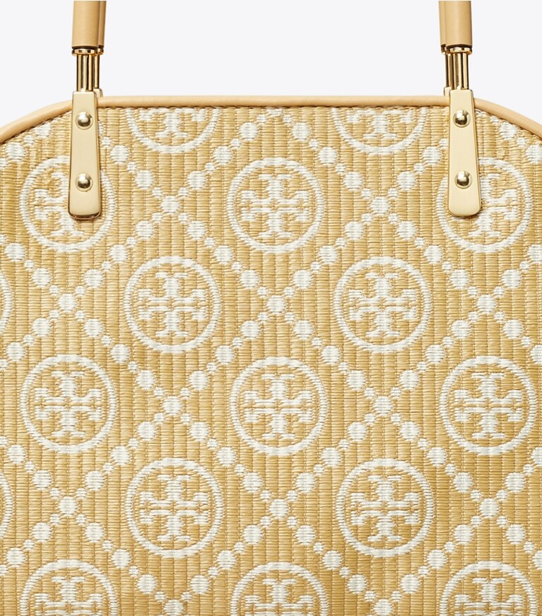 Tory Burch diseñador bolsos tote Bolso de mano tipo cesta pequeño de rafia con monograma en T en Natural detalle