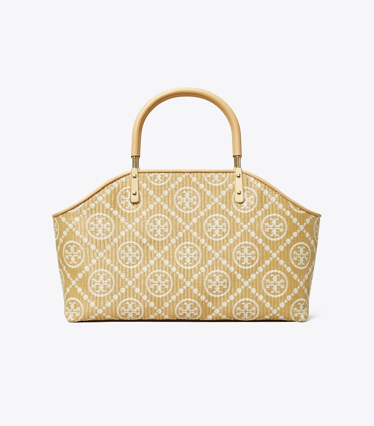Tory Burch diseñador bolsos tote Bolso de mano tipo cesta pequeño de rafia con monograma en T en Natural frente