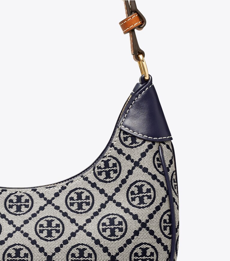 Tory Burch diseñador bolsos de hombro Bolso de media luna con monograma de T en Tory Navy detalle
