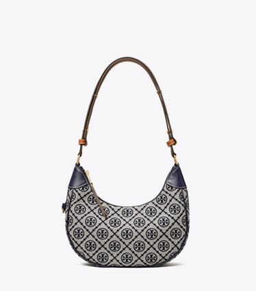 Tory Burch diseñador bolsos de hombro Bolso de media luna con monograma de T en Tory Navy frontal