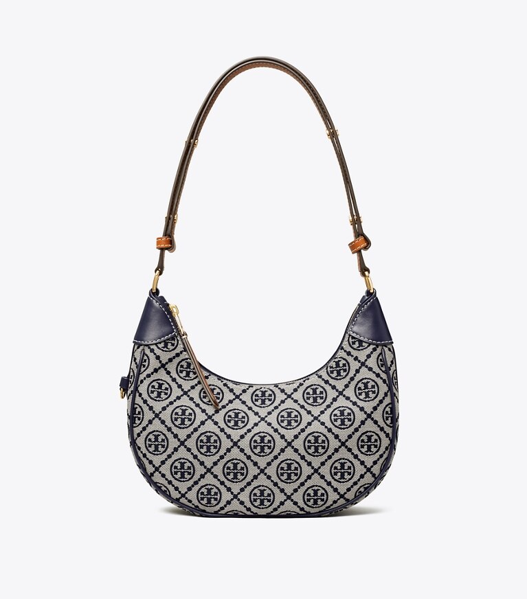 Tory Burch diseñador bolsos de hombro Bolso de media luna con monograma de T en Tory Navy frente