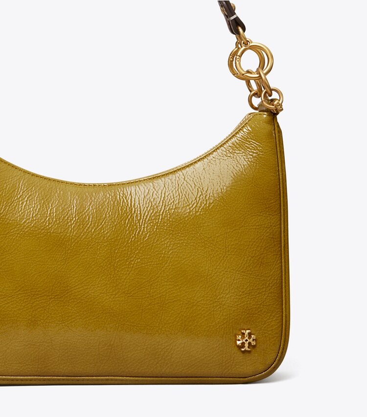 Tory Burch diseñador bolsos de hombro Bolso de media luna de charol 151 Mercer en SWEET PEAR detalle
