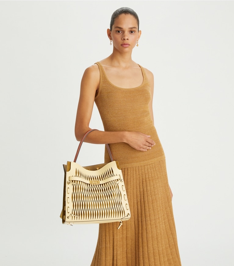 Tory Burch diseñador bolsos satchel Bolso doble con recortes Lee Radziwill en Vanilla Custard accesorio en modelo