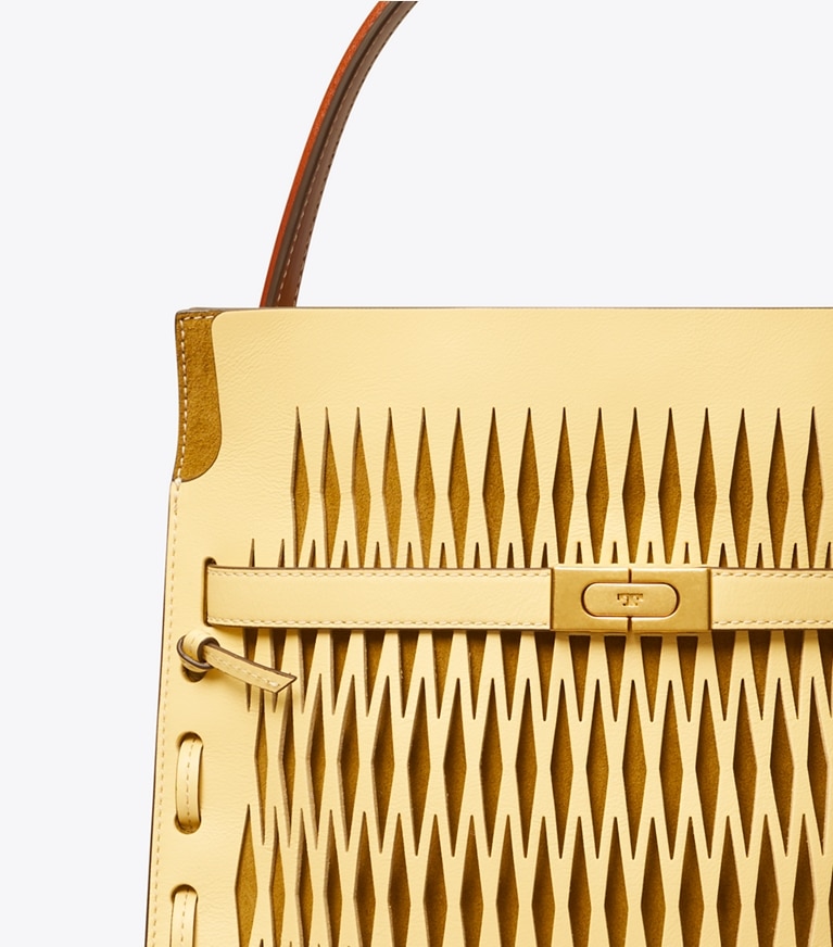 Tory Burch diseñador bolsos satchel Bolso doble con recortes Lee Radziwill en Vanilla Custard detalle