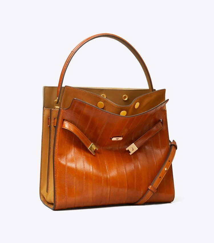 Tory Burch diseñador bolsos satchel Bolso doble Lee Radziwill de anguila en Warm Rust ángulo