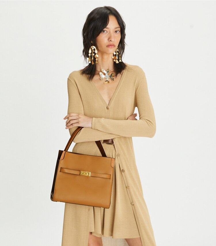 Tory Burch diseñador bolsos satchel Bolso doble Lee Radziwill pequeño en Tiramisu accesorio en el modelo