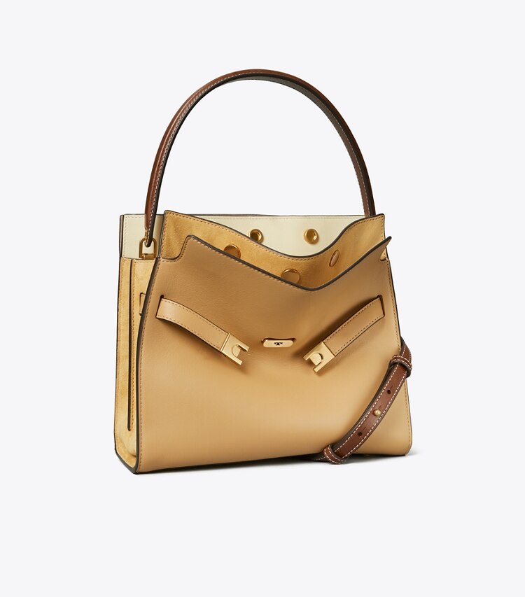 Tory Burch diseñador bolsos satchel Bolso doble Lee Radziwill pequeño en Ginger Shortbread ángulo