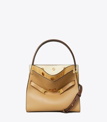Tory Burch diseñador bolsos satchel Bolso doble Lee Radziwill pequeño en Ginger Shortbread frontal