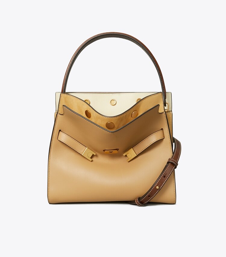 Tory Burch diseñador bolsos satchel Bolso doble Lee Radziwill pequeño en Ginger Shortbread frontal