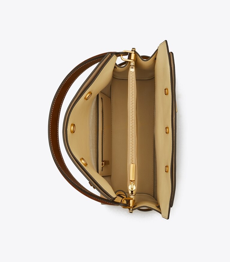 Tory Burch diseñador bolsos satchel Bolso doble Lee Radziwill pequeño en Ginger Shortbread desde arriba