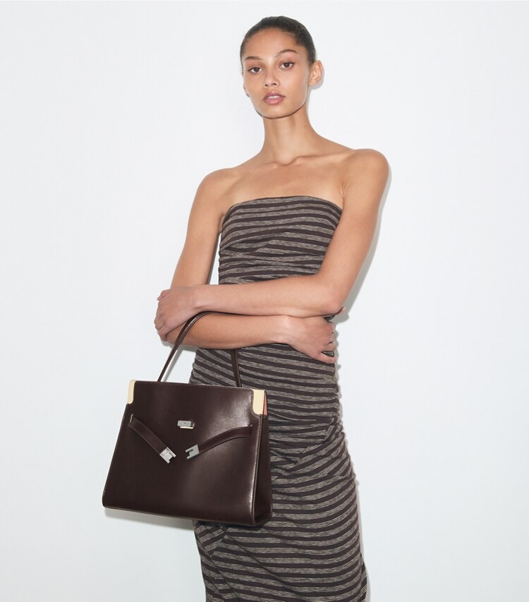 Tory Burch diseñador bolsos satchel Bolso doble pequeño Lee Radziwill en Coco accesorio en modelo