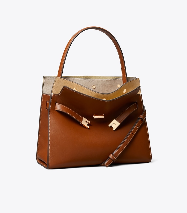 Tory Burch diseñador bolsos satchel Bolso doble pequeño Lee Radziwill en Aged Tan ángulo