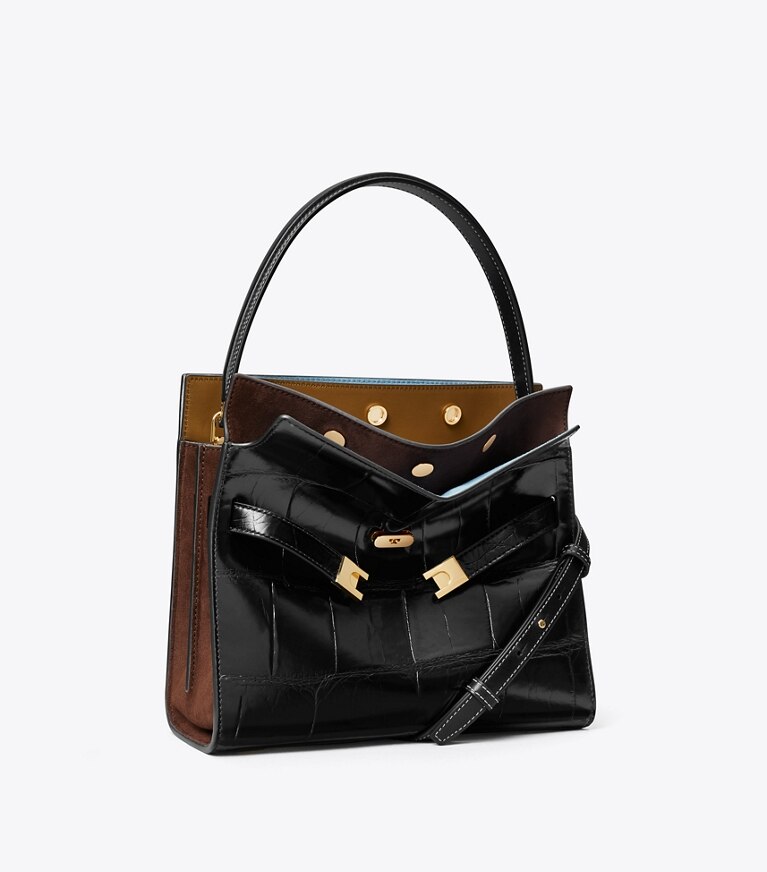 Tory Burch diseñador bolsos satchel Bolso doble pequeño Lee Radziwill con grabado de cocodrilo en Black ángulo