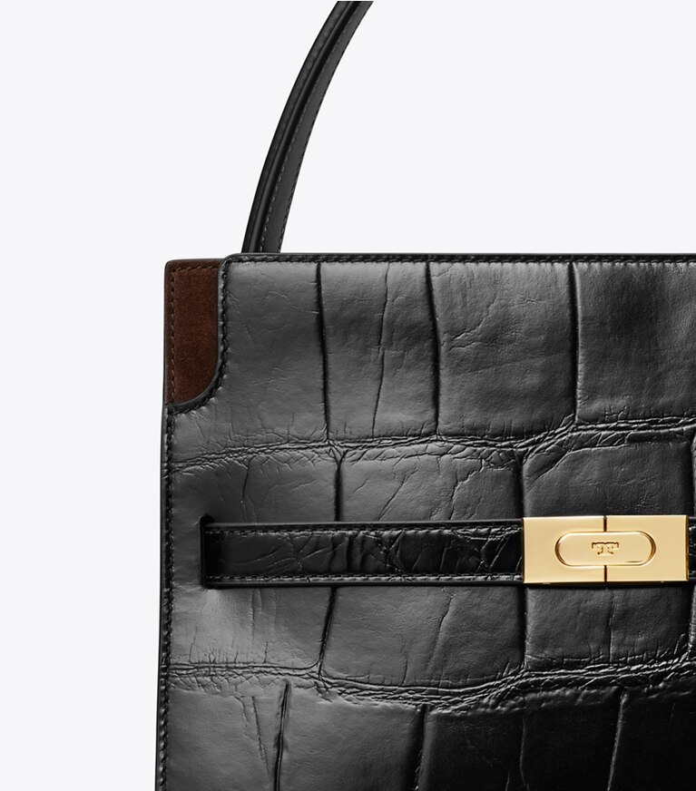 Tory Burch diseñador bolsos satchel Bolso doble pequeño Lee Radziwill con grabado de cocodrilo en Black detalle