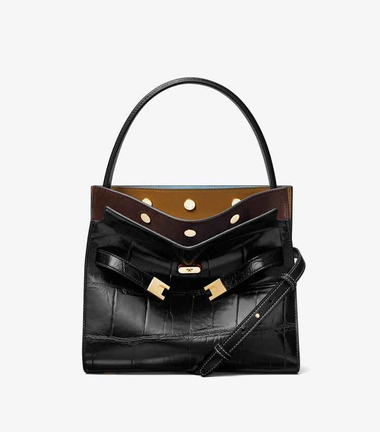 Tory Burch diseñador bolsos satchel Bolso doble pequeño Lee Radziwill con grabado de cocodrilo en Black frontal