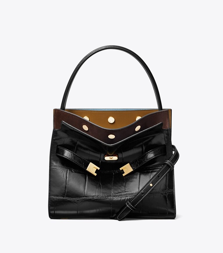 Tory Burch diseñador bolsos satchel Bolso doble pequeño Lee Radziwill con grabado de cocodrilo en Black frontal