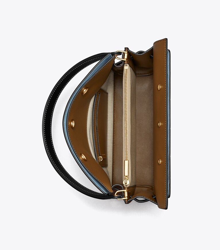 Tory Burch diseñador bolsos satchel Bolso doble pequeño Lee Radziwill con grabado de cocodrilo en Black desde arriba