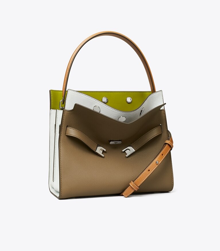 Tory Burch diseñador bolsos satchel Bolso doble pequeño Lee Radziwill de piel granulada en Wild Mushroom ángulo