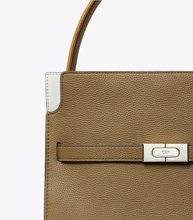Tory Burch diseñador bolsos satchel Bolso doble pequeño Lee Radziwill de piel granulada en Wild Mushroom detalle