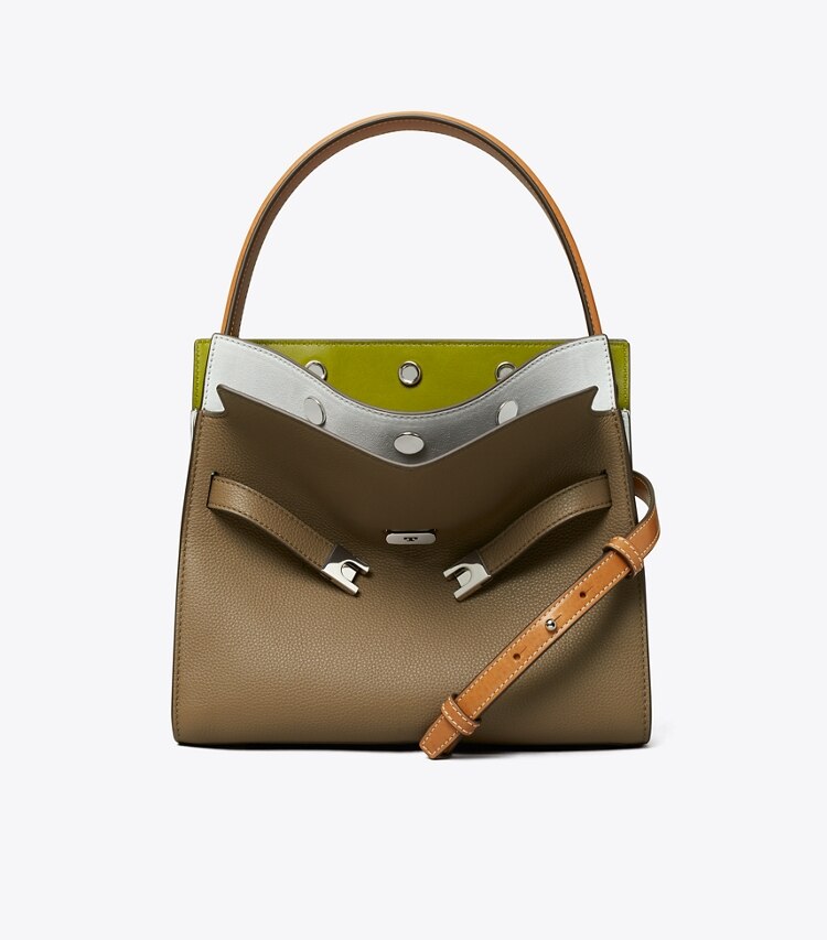 Tory Burch diseñador bolsos satchel Bolso doble pequeño Lee Radziwill de piel granulada en Wild Mushroom frontal