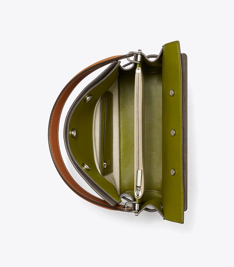 Tory Burch diseñador bolsos satchel Bolso doble pequeño Lee Radziwill de piel granulada en Wild Mushroom desde arriba