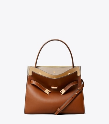 Tory Burch diseñador bolsos satchel Bolso doble pequeño Lee Radziwill en Aged Tan frente
