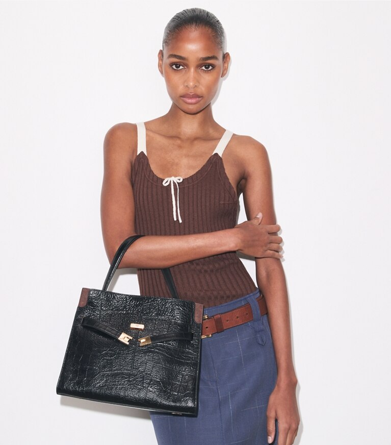 Tory Burch diseñador bolsos satchel Bolso doble pequeño Lee Radziwill grabado en relieve en Black accesorio en modelo