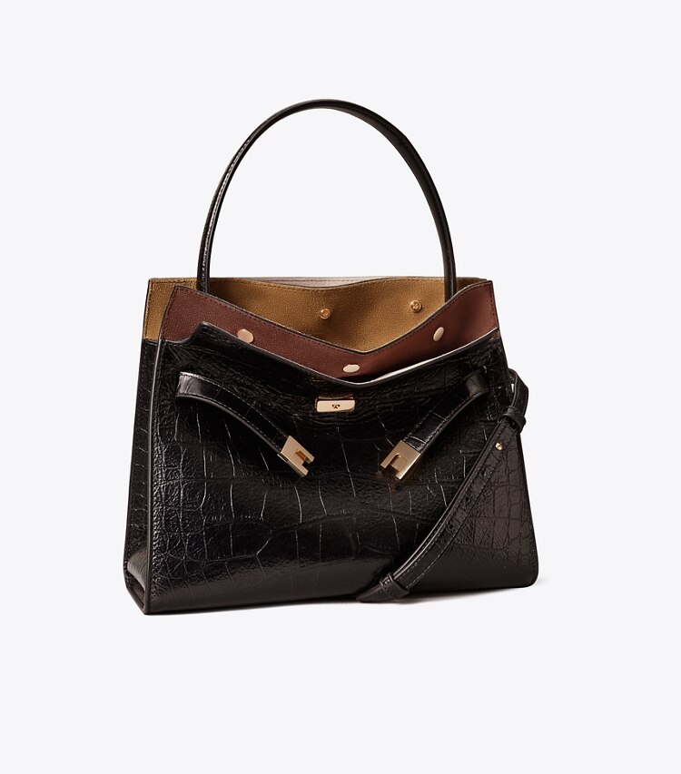 Tory Burch diseñador bolsos satchel Bolso doble pequeño Lee Radziwill grabado en relieve en Black ángulo