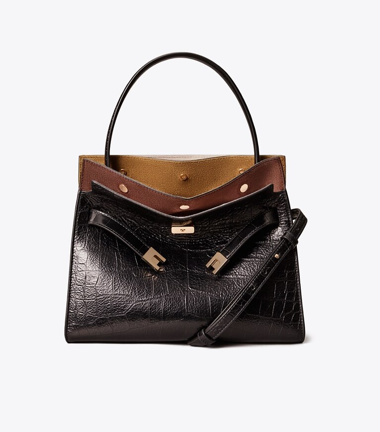Tory Burch diseñador bolsos satchel Bolso doble pequeño Lee Radziwill grabado en relieve en Black frente