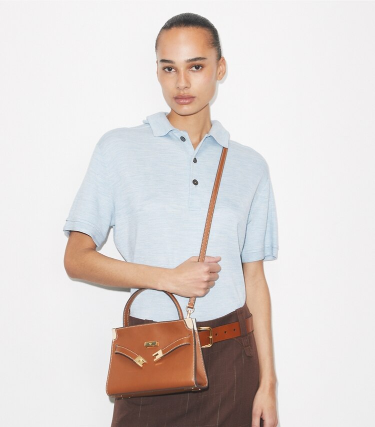 Tory Burch diseñador bolsos bandolera Bolso doble Petite Lee Radziwill en Aged Tan adicional en modelo
