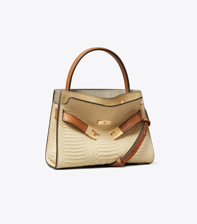 Tory Burch diseñador bolsos bandolera Bolso doble Petite Lee Radziwill con piel de serpiente en Butter ángulo