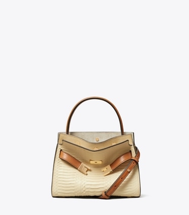 Tory Burch diseñador bolsos bandolera Bolso doble Petite Lee Radziwill con piel de serpiente en Butter frente