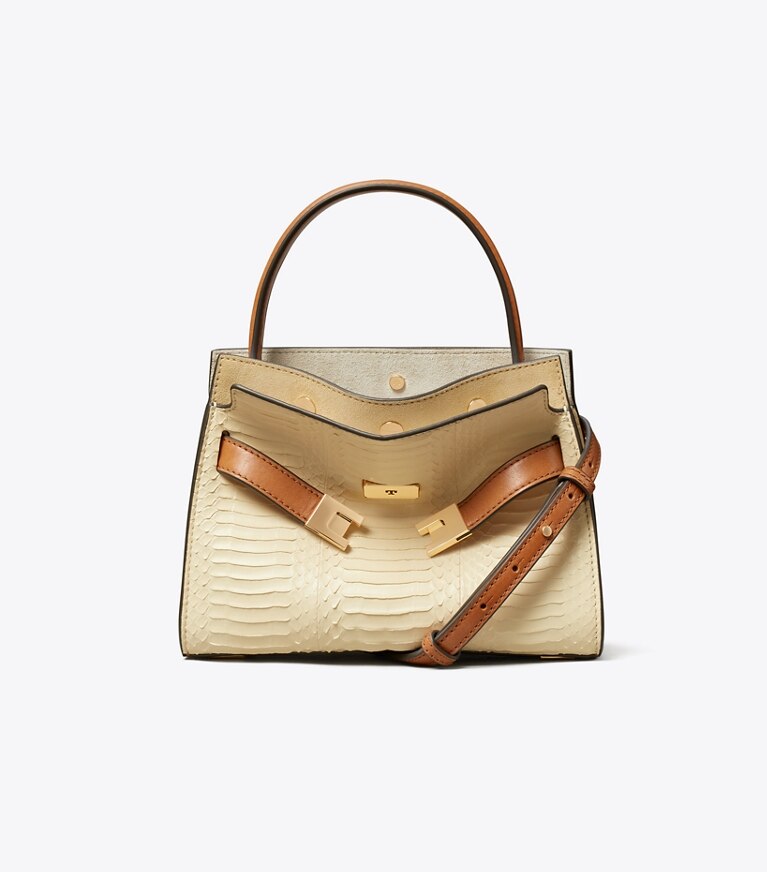 Tory Burch diseñador bolsos bandolera Bolso doble Petite Lee Radziwill con piel de serpiente en Butter frente