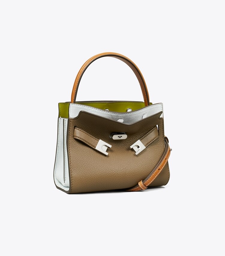 Tory Burch diseñador bolsos bandolera Bolso doble Petite Lee Radziwill de piel granulada con bloques de color en Wild Mushroom ángulo