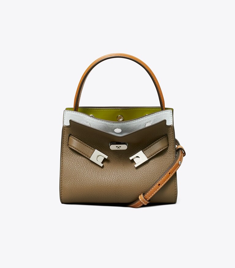 Tory Burch diseñador bolsos bandolera Bolso doble Petite Lee Radziwill de piel granulada con bloques de color en Wild Mushroom frontal