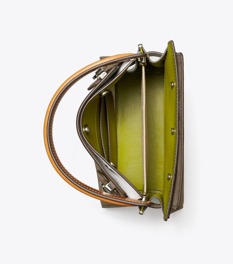 Tory Burch diseñador bolsos bandolera Bolso doble Petite Lee Radziwill de piel granulada con bloques de color en Wild Mushroom desde arriba