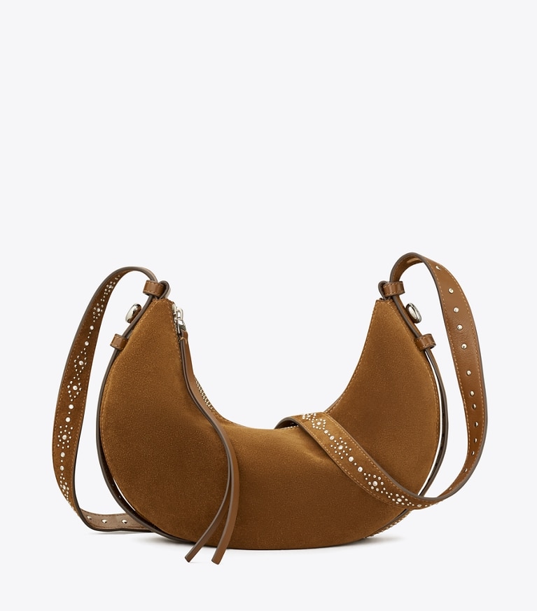 Tory Burch diseñador bolsos de hombro Bolso en media luna de gamuza con tachuelas Romy en Caramel adicional