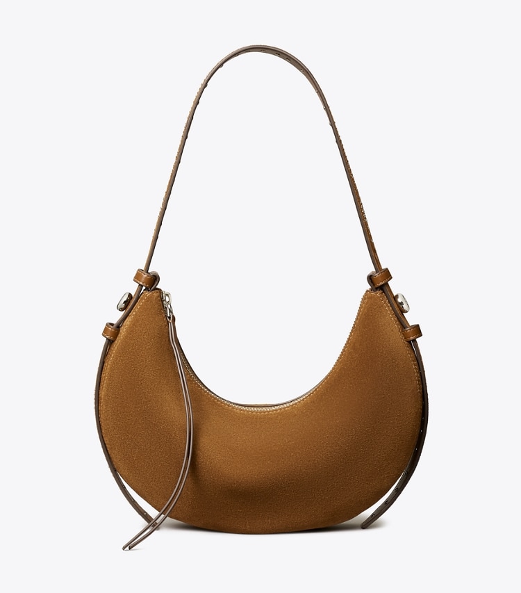 Tory Burch diseñador bolsos de hombro Bolso en media luna de gamuza con tachuelas Romy en Caramel frente