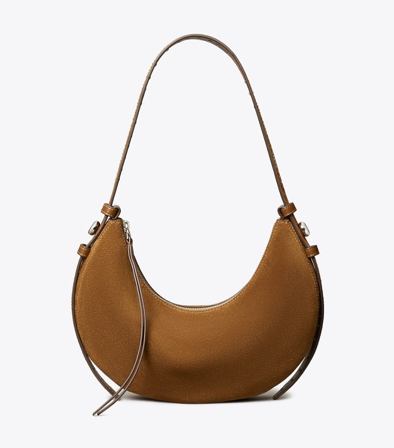 Tory Burch diseñador bolsos de hombro Bolso en media luna de gamuza con tachuelas Romy en Caramel frente