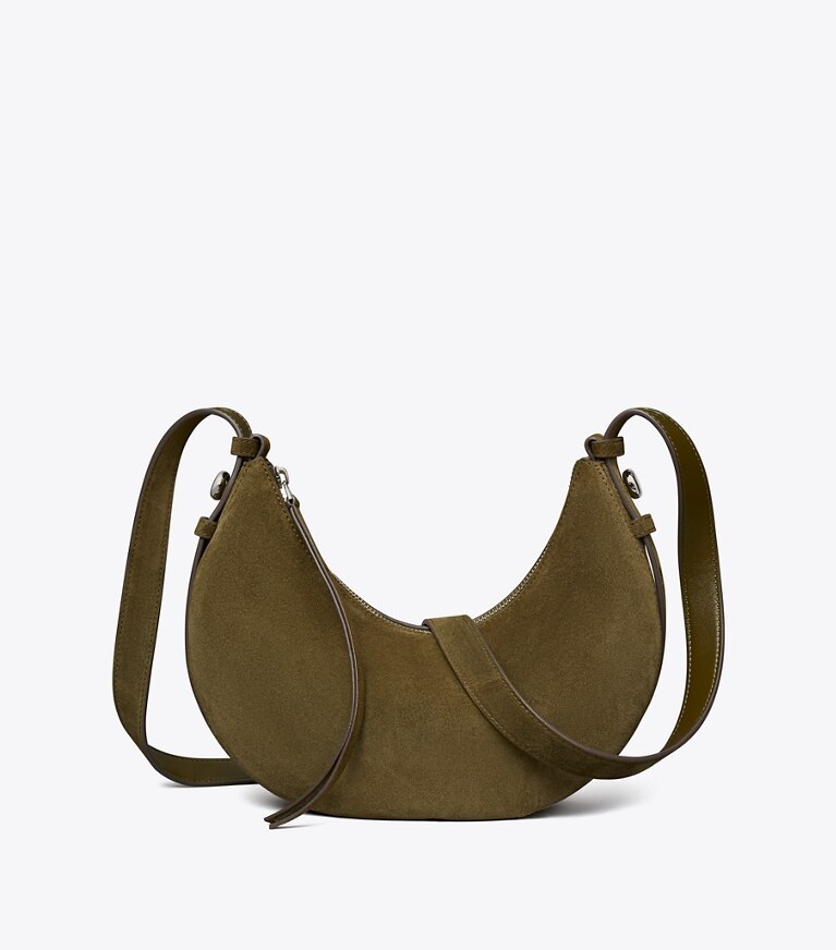 Tory Burch diseñador bolsos de hombro Bolso en media luna de gamuza Romy en Dark Olive adicional